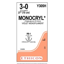 Johnson & Johnson Sutures ETHICON, Monocryl, Violet, 17mm, 3/0, RB1 1/2 Circle Taper Point, 36-Pack