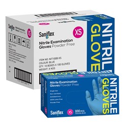 Saniflex Blue Nitrile Gloves - Powder Free - Extra Small, 100-Pack - Carton of 10 Boxes