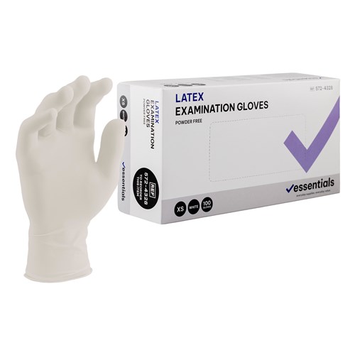 5724328-C - Essentials Latex Exam Gloves Powder Free XS box and glove