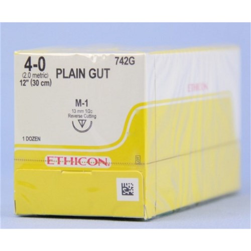 Johnson & Johnson Suture Ethicon Plain Gut, 13mm, 4/0, M1, 1/2 Circle Reverse Cut, 12-Pack