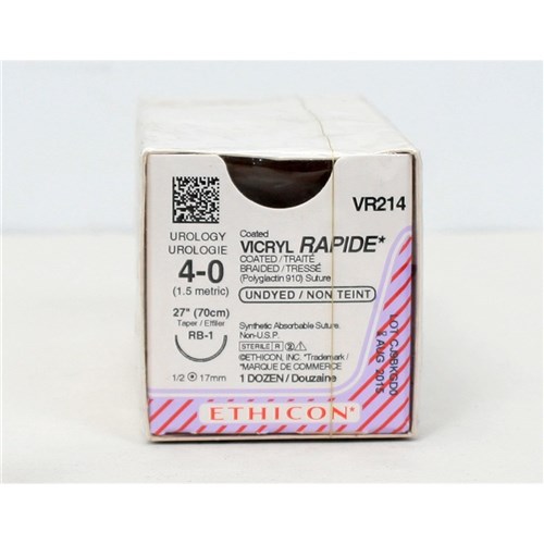 Johnson & Johnson Suture Ethicon Vicryl Rapid, 17mm, 4/0, RB1, 1/2 Circle Taper Point, 12-Pack